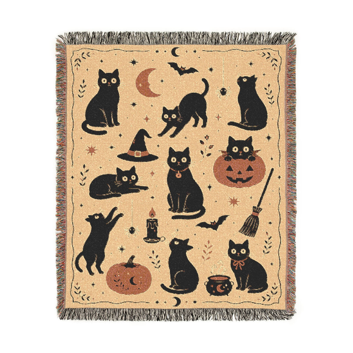 Black Cat Halloween Woven Blanket | Pumpkin Moon Witch Hat Cats