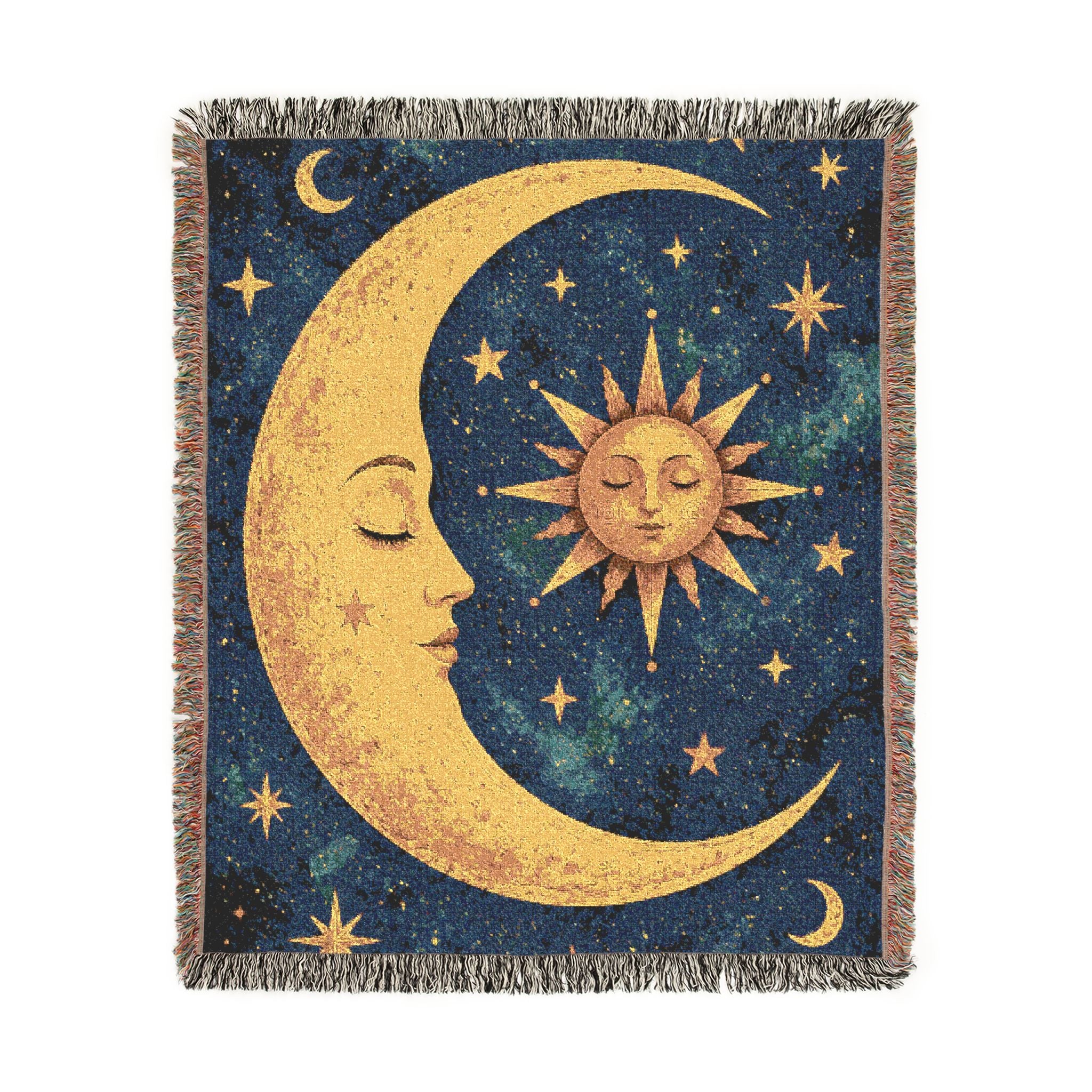 Celestial Moon and Sun Woven Blanket | Mystic Starry Tapestry Throw