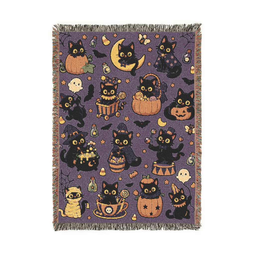 Pixel Halloween Cats Woven Blanket | Spooky Night Pattern