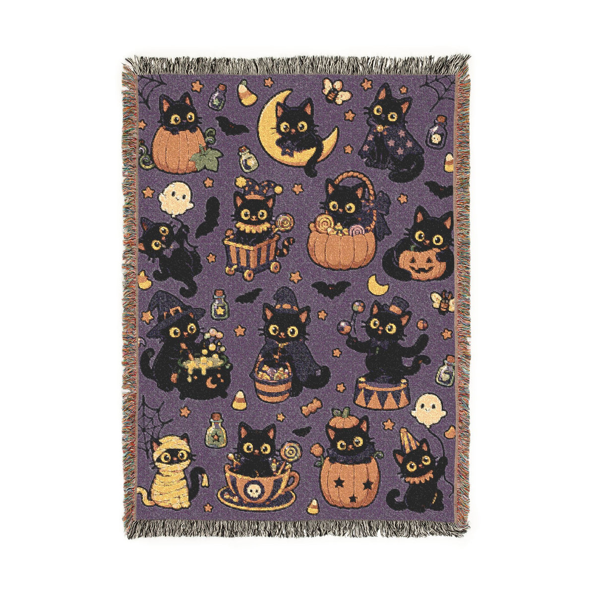 Pixel Halloween Cats Woven Blanket | Spooky Night Pattern