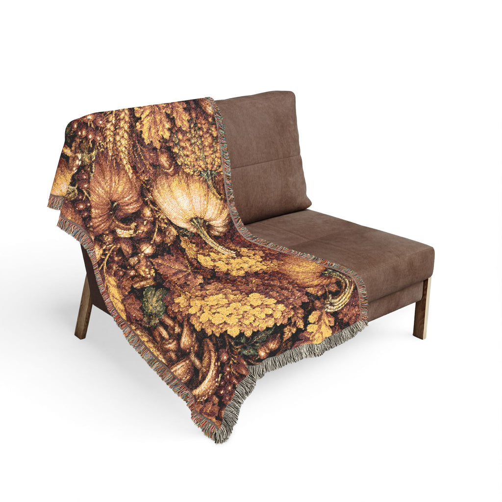 Autumn Harvest Pumpkin and Hydrangea Woven Blanket | Fall Floral Throw