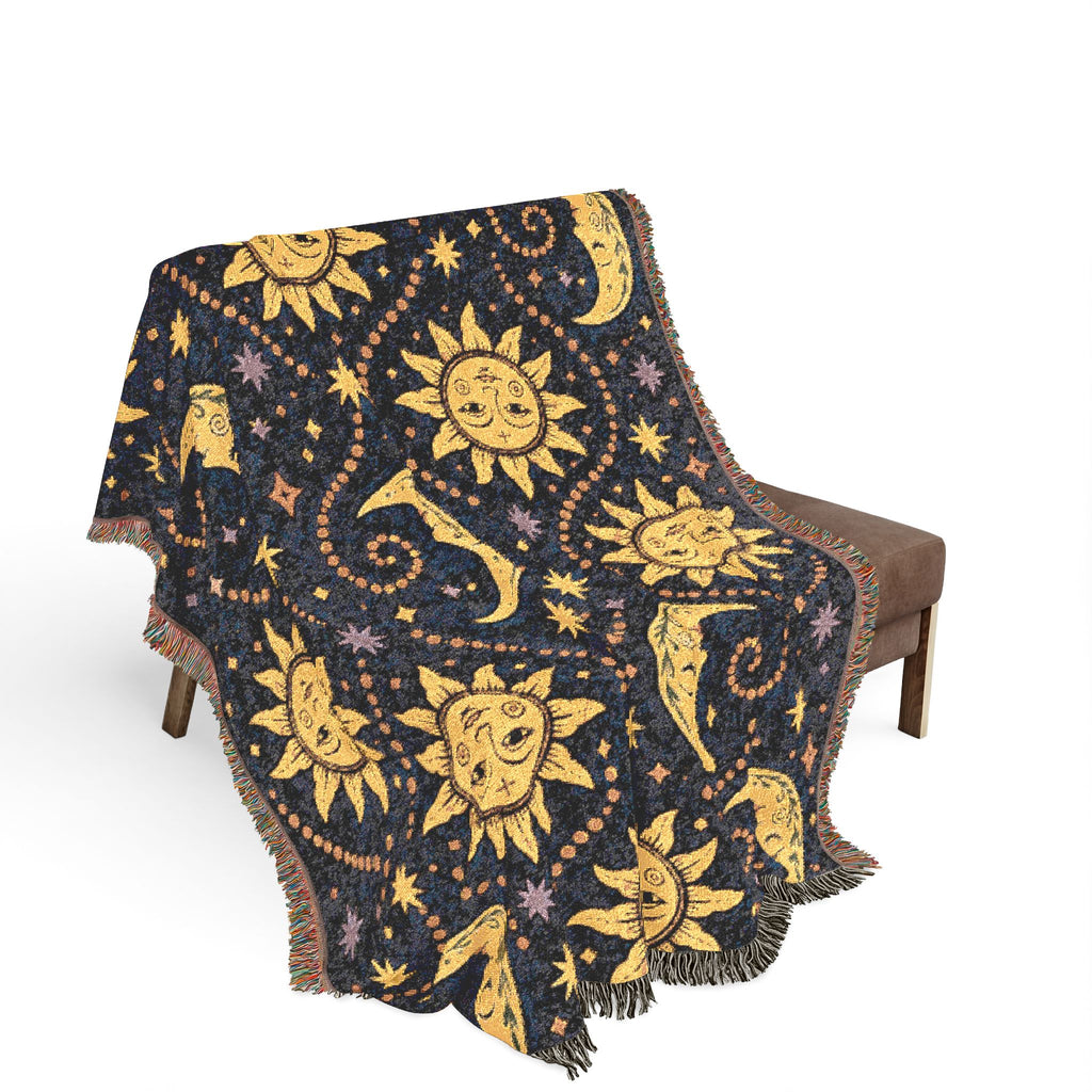 Sun and Moon Pattern Woven Blanket | Celestial Throw, Starry Night Tapestry
