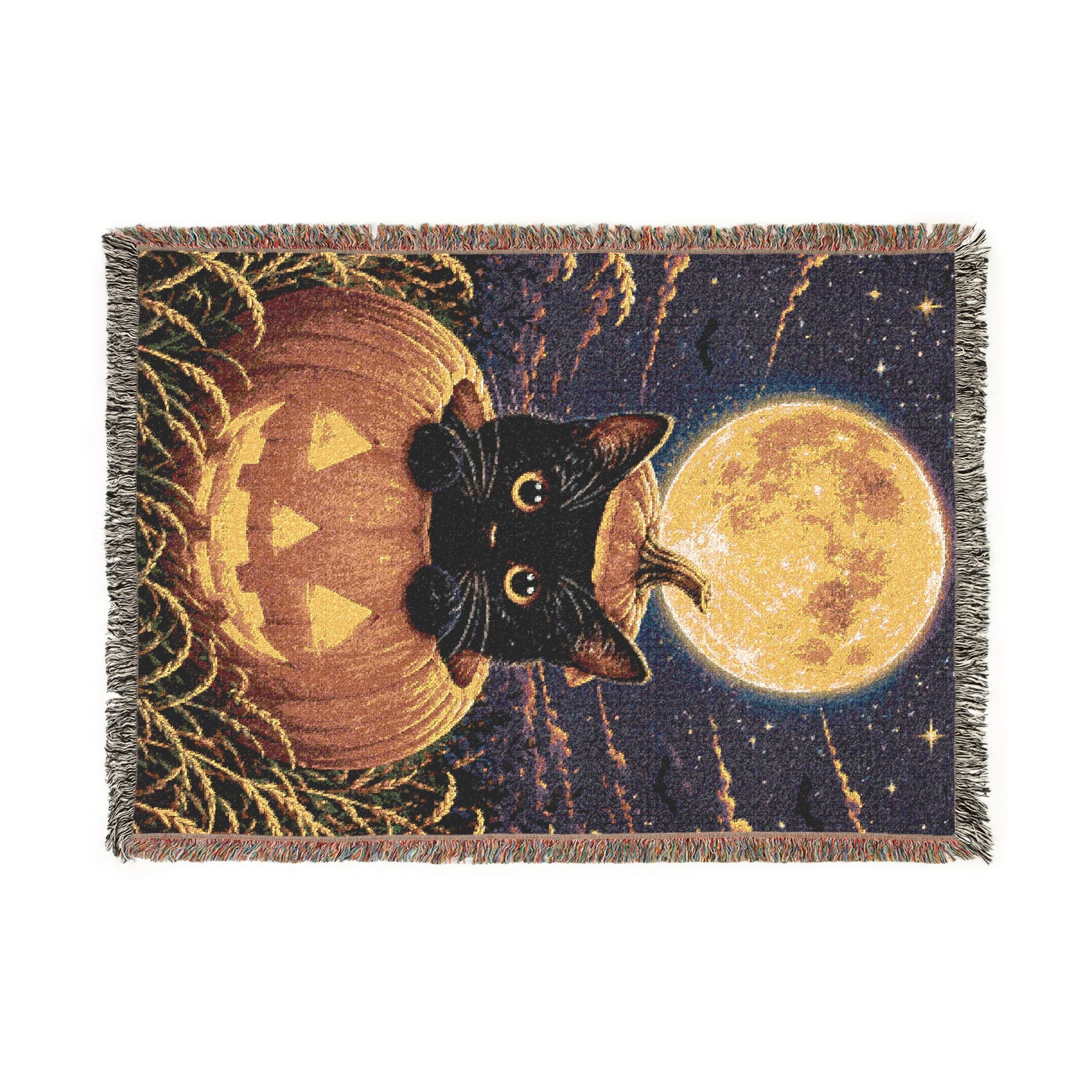 Halloween Cat & Full Moon Woven Blanket