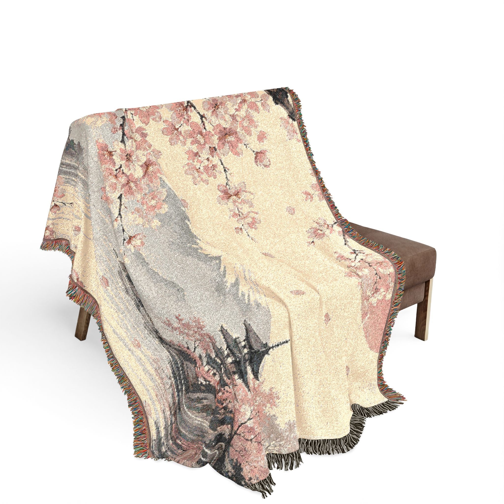 Cherry Blossom Woven Blanket — Japanese Moon Tapestry Throw