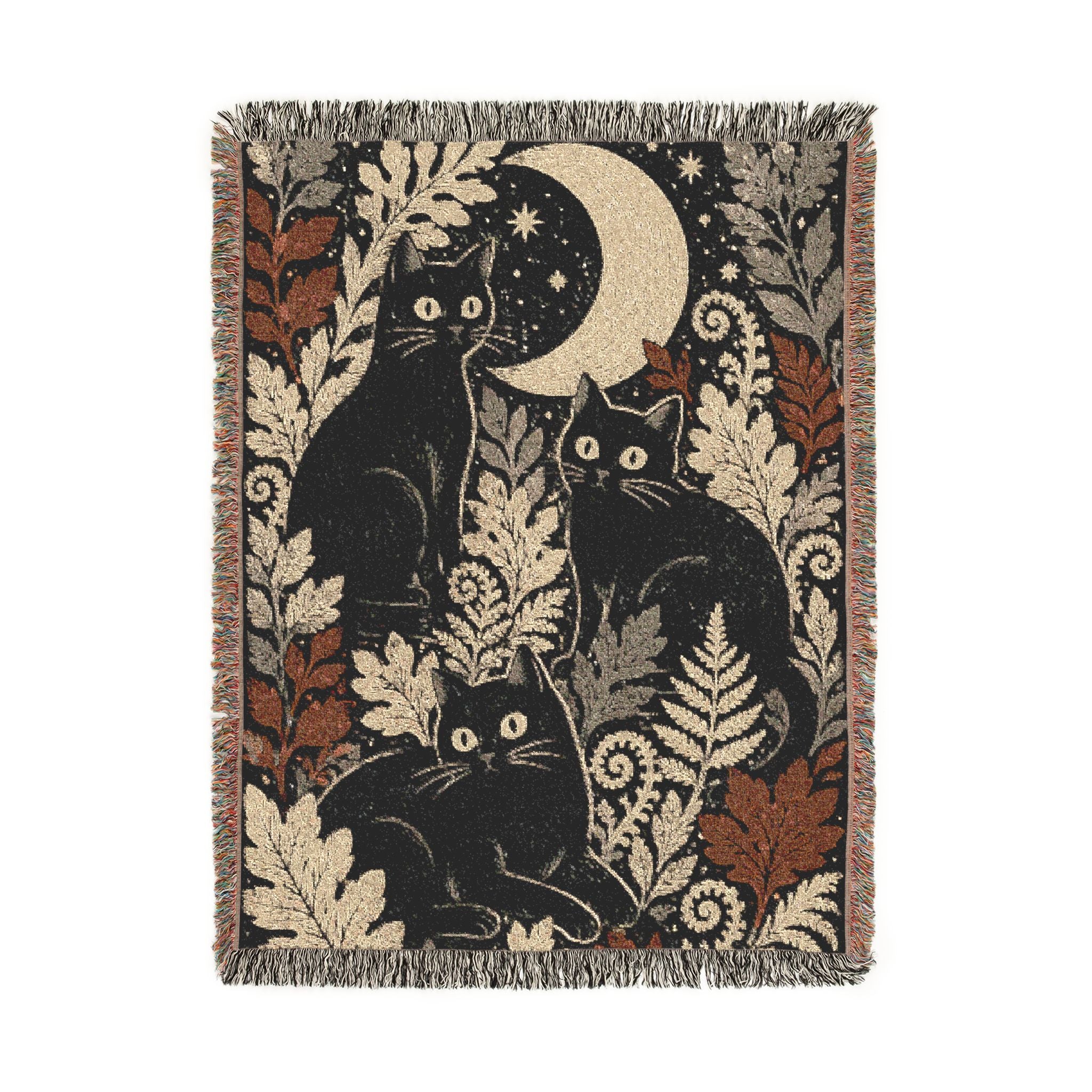 Black Cats and Crescent Moon Woven Blanket | Autumn Leaf Tapestry
