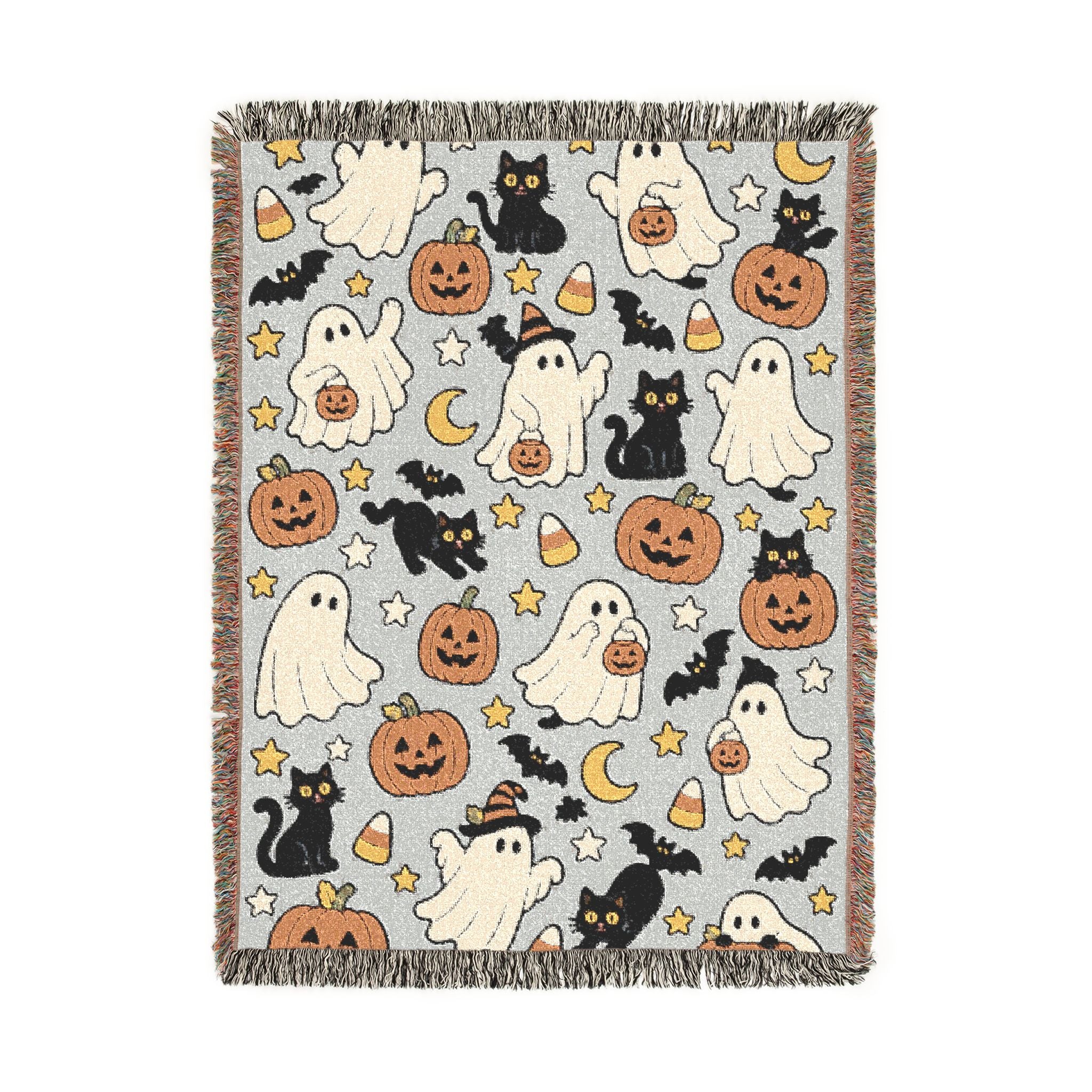 Cute Halloween Ghosts and Pumpkins Woven Blanket | Spooky Fall Throw