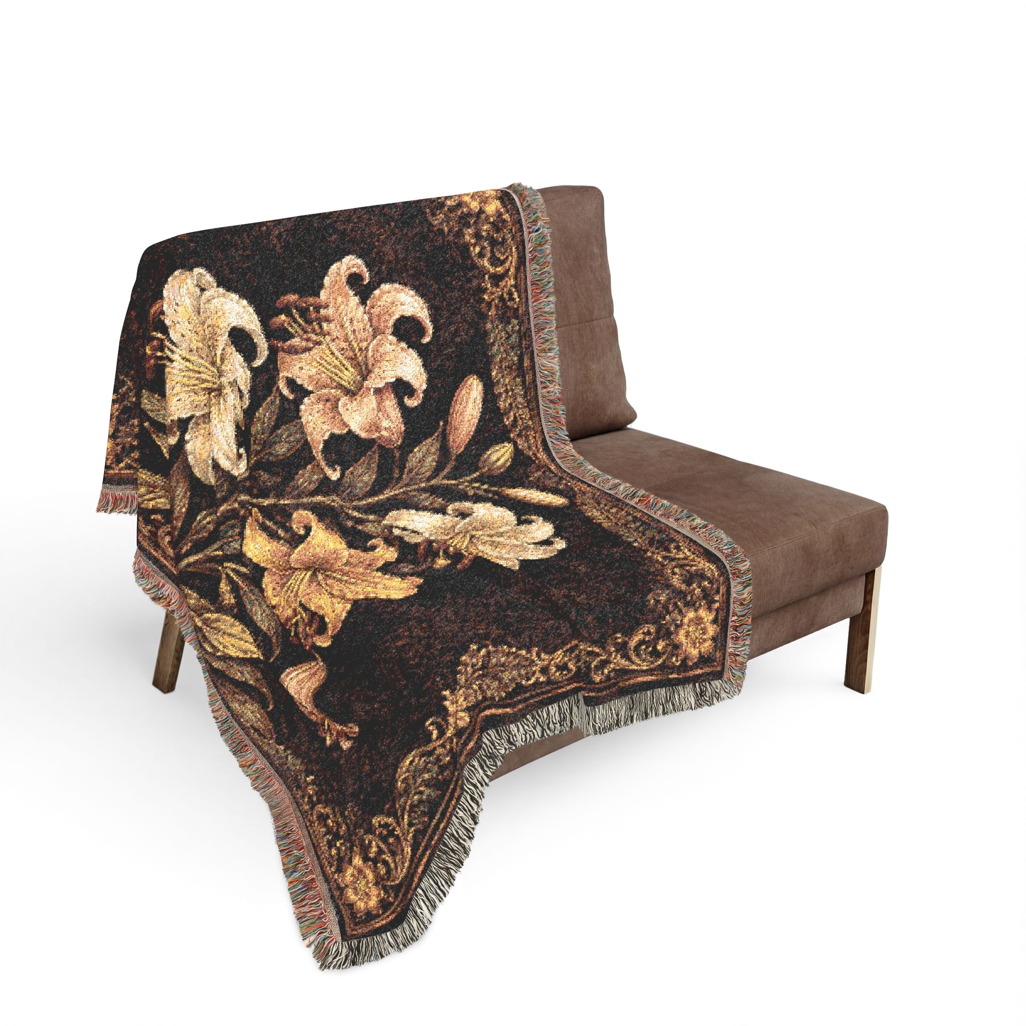 Vintage Floral Lily Woven Blanket | Decorative Throw, Tapestry-Style