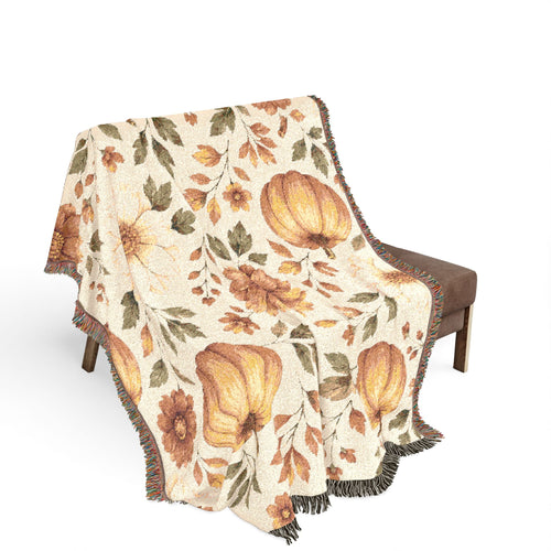Autumn Pumpkin Floral Woven Blanket | Fall Harvest Throw