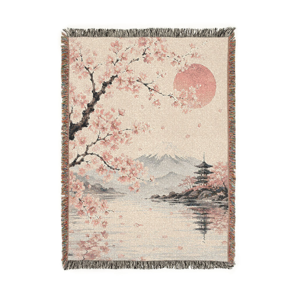 Cherry Blossom Woven Blanket — Japanese Moon Tapestry Throw