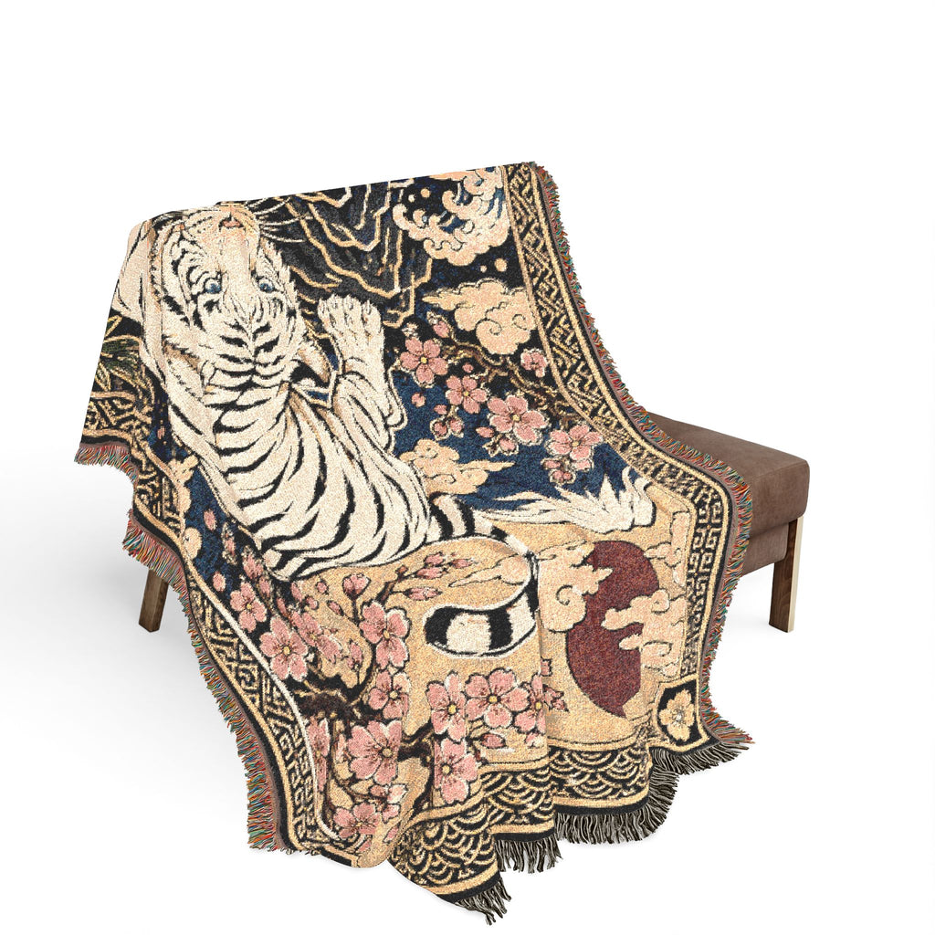 White Tiger Illustration Woven Blanket | Asian Floral Motif, Decorative Throw