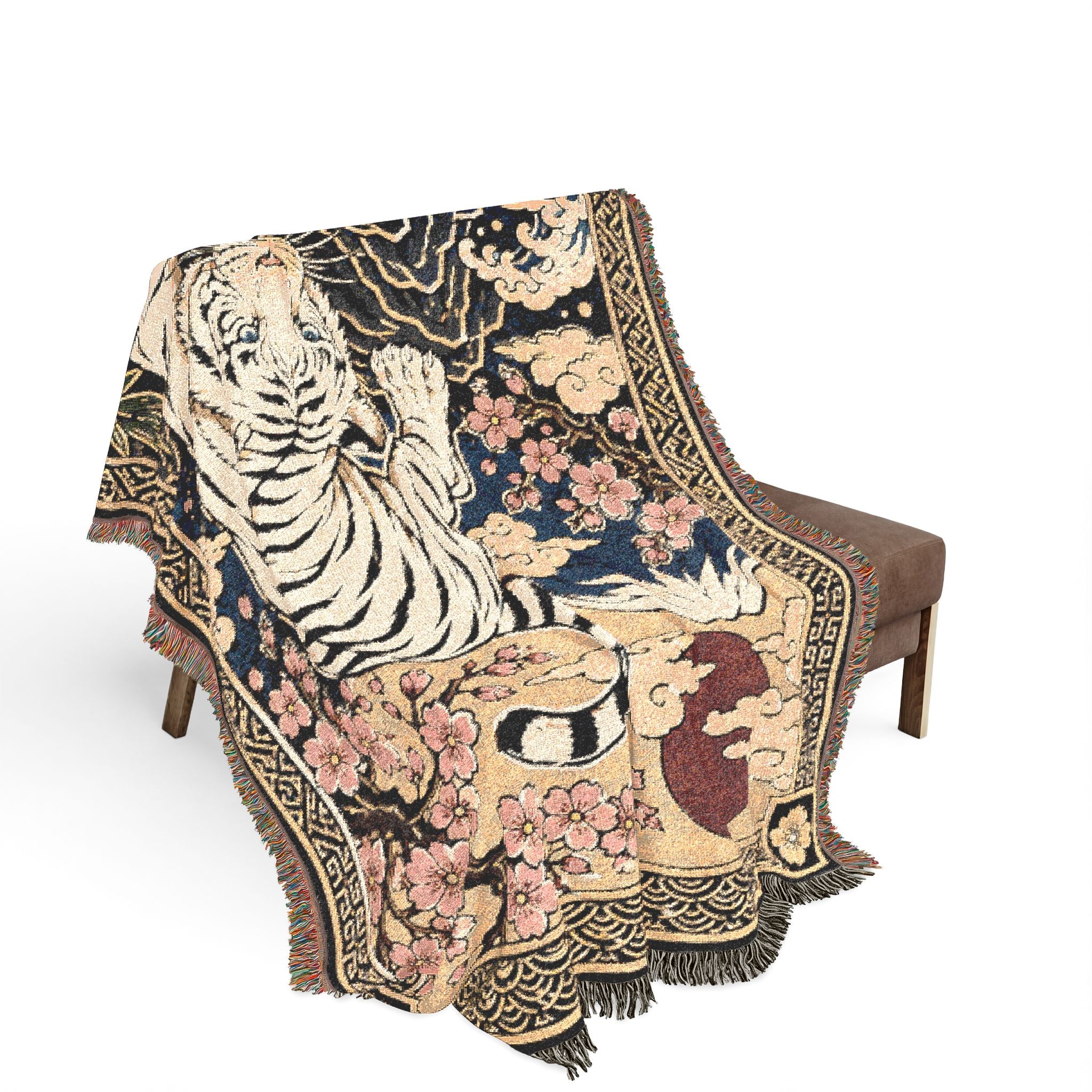 White Tiger Illustration Woven Blanket | Asian Floral Motif, Decorative Throw