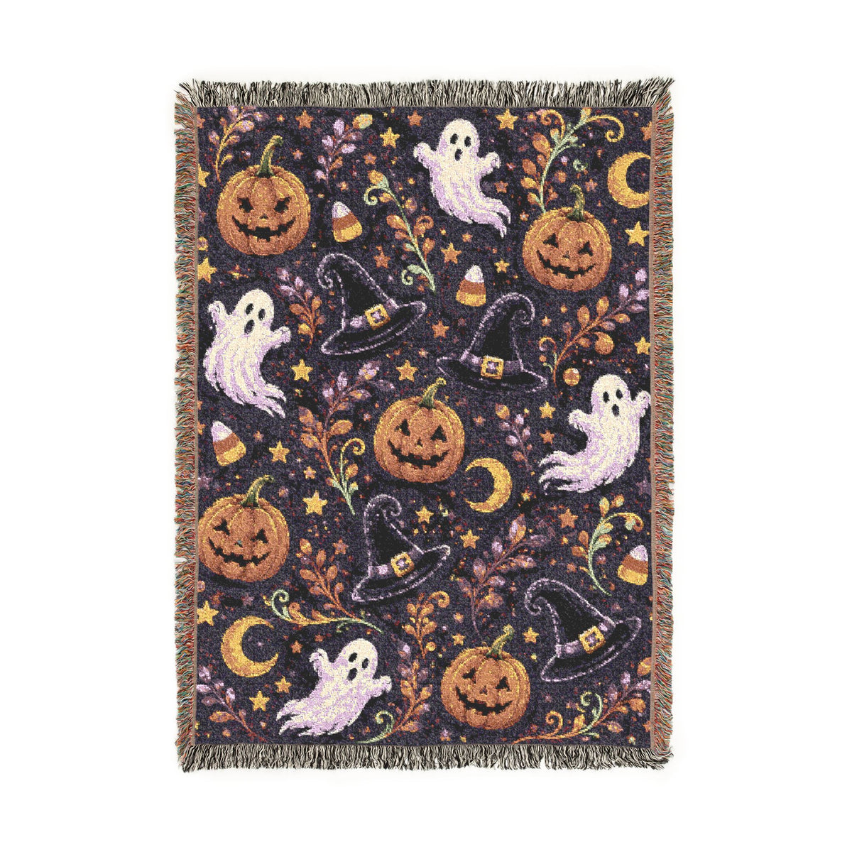 Halloween Ghost Pattern Woven Blanket | Jack-o'-Lanterns, Moon, Candy