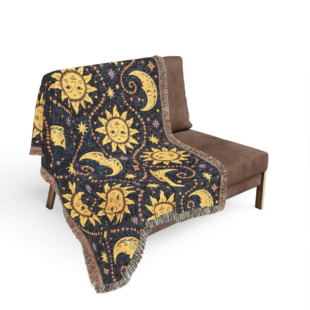 Sun and Moon Pattern Woven Blanket | Celestial Throw, Starry Night Tapestry