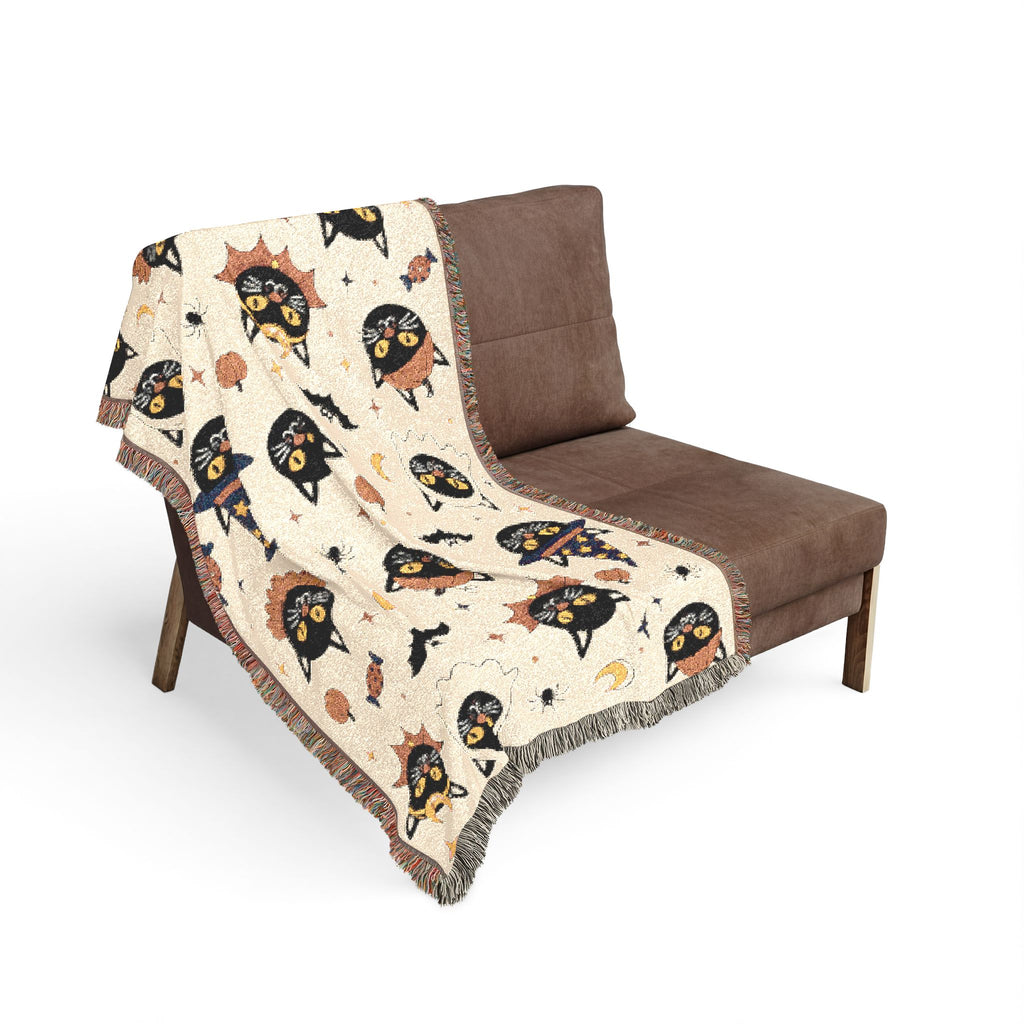 Spooky Cat Witch Pattern Woven Blanket | Halloween Cat Moon Stars