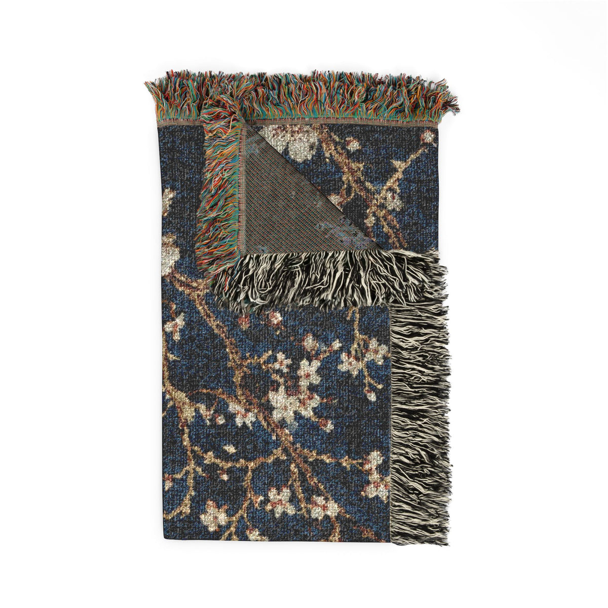 Cherry Blossom Pattern Woven Blanket | Navy Floral Branch Throw
