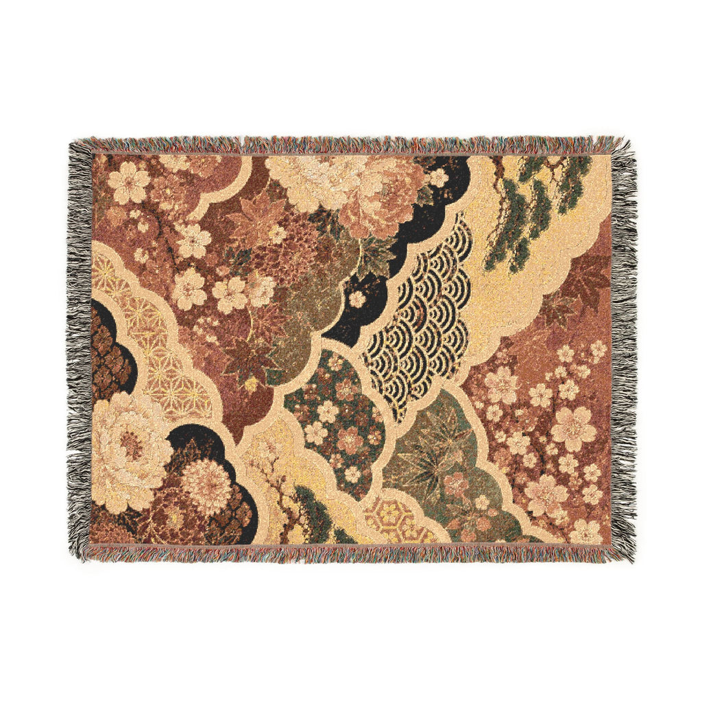 Floral Japanese style Pattern Woven Blanket | Vintage Patchwork Tapestry Throw