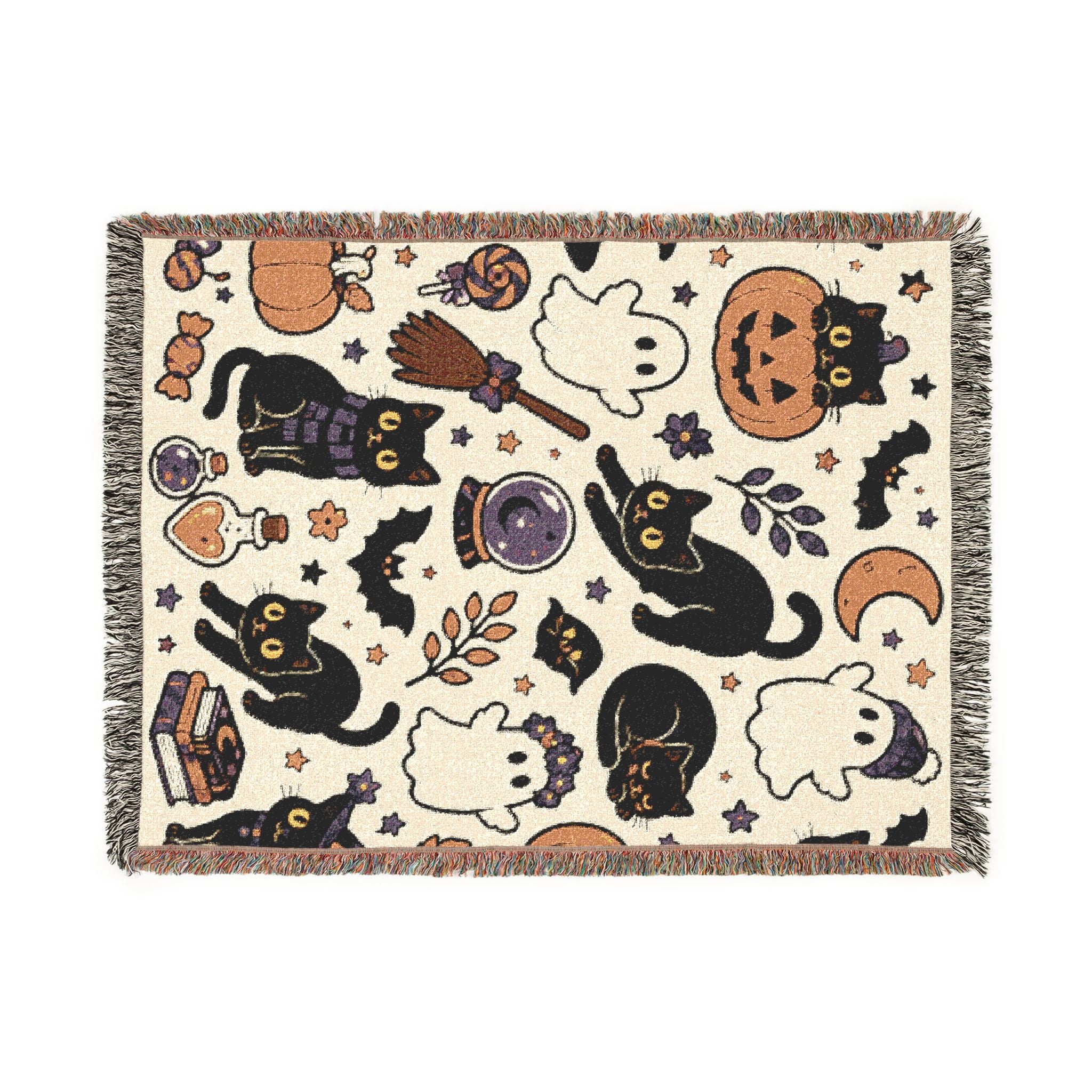 Black Cat Halloween Pattern Woven Blanket | Spooky Pumpkin Ghosts