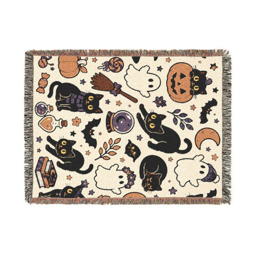 Black Cat Halloween Pattern Woven Blanket | Spooky Pumpkin Ghosts