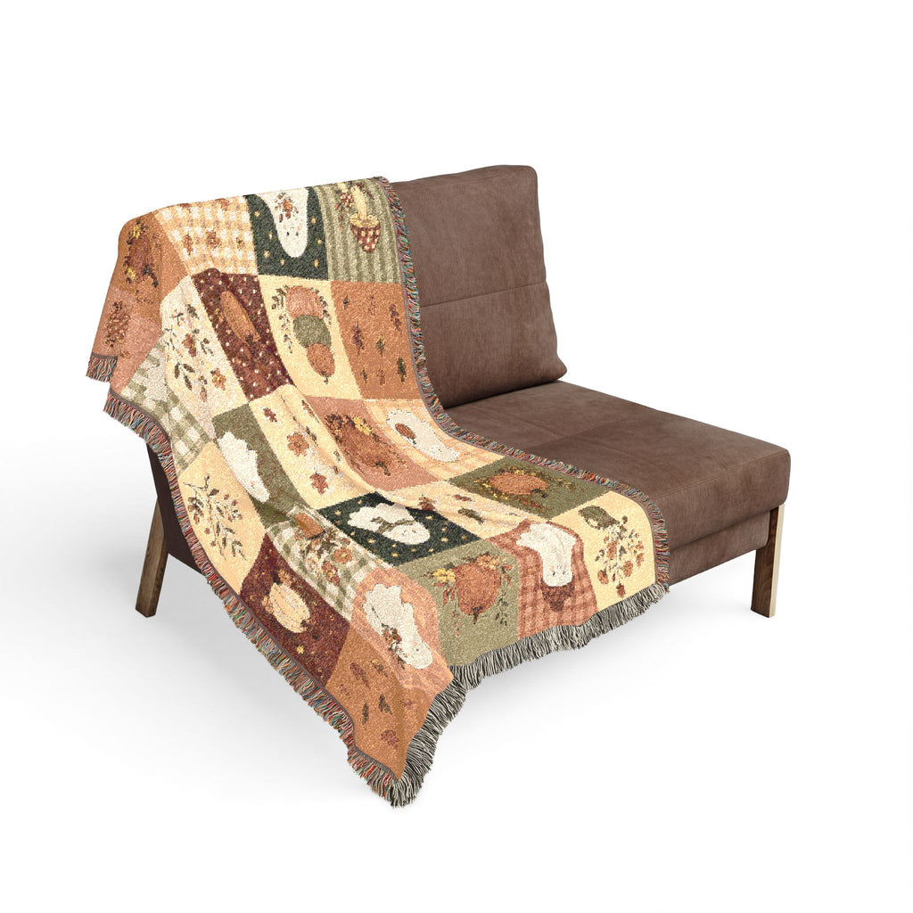 Patchwork Snowman and Pumpkin Woven Blanket | Autumn Winter Throw