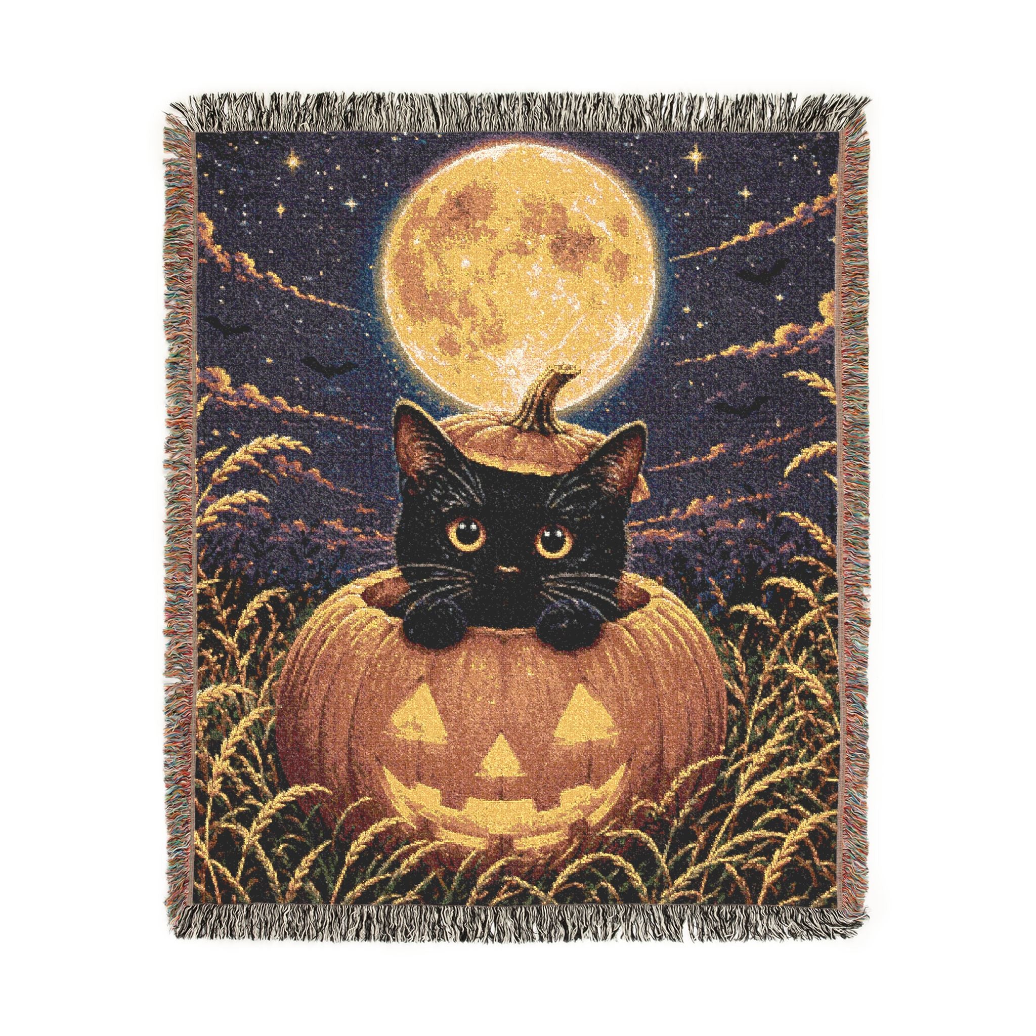 Black Cat Pumpkin Moon Woven Blanket | Halloween October Cozy Throw