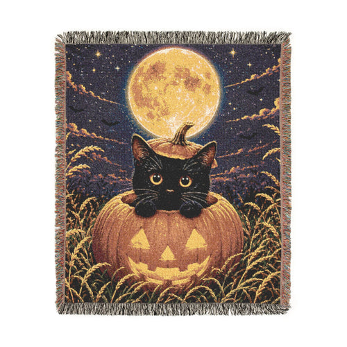 Black Cat Pumpkin Moon Woven Blanket | Halloween October Cozy Throw