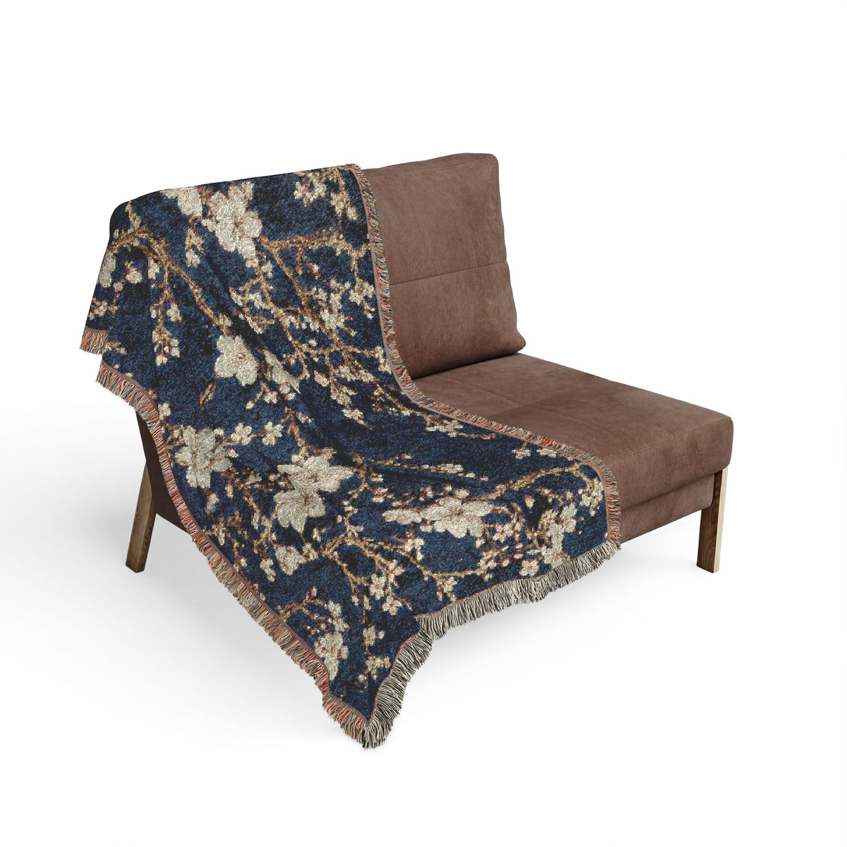 Cherry Blossom Pattern Woven Blanket | Navy Floral Branch Throw