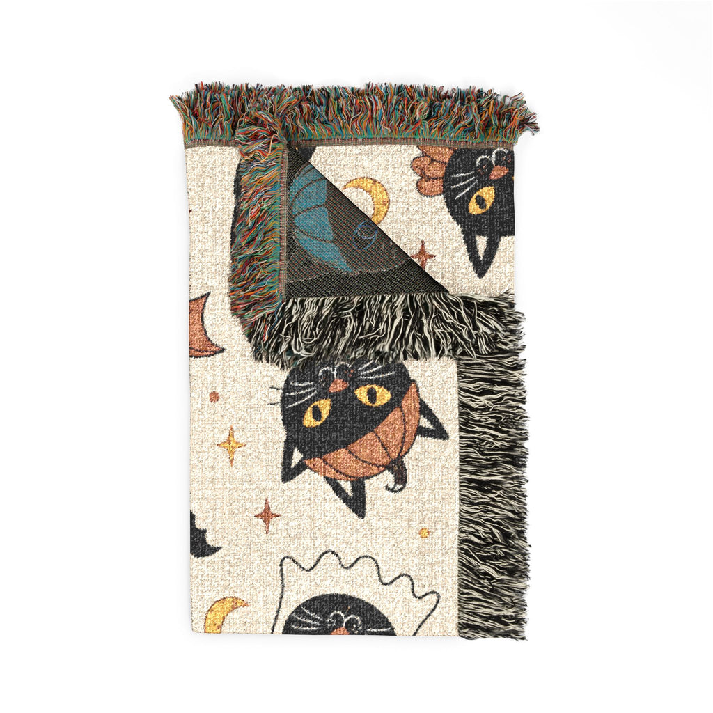 Spooky Cat Witch Pattern Woven Blanket | Halloween Cat Moon Stars