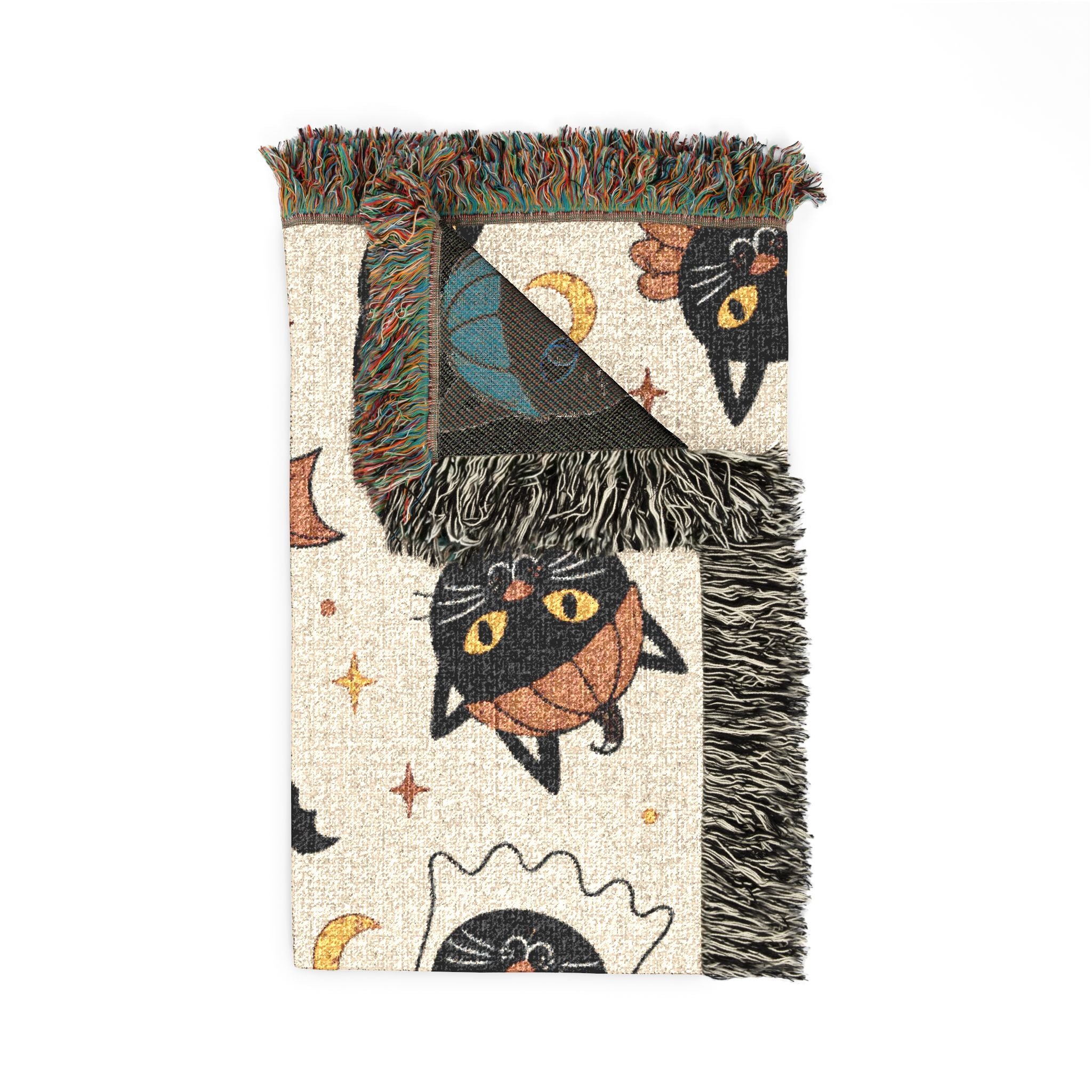 Spooky Cat Witch Pattern Woven Blanket | Halloween Cat Moon Stars