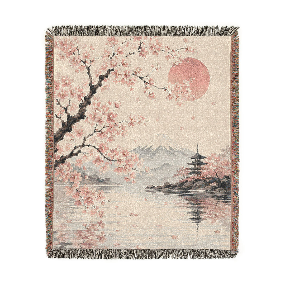 Cherry Blossom Moon Woven Blanket | Japanese Sakura Tapestry Throw
