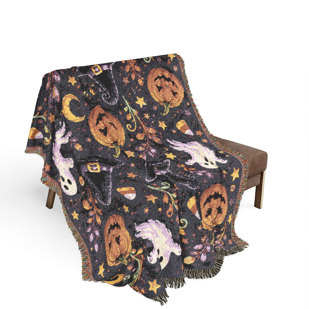 Halloween Ghost Pattern Woven Blanket | Jack-o'-Lanterns, Moon, Candy