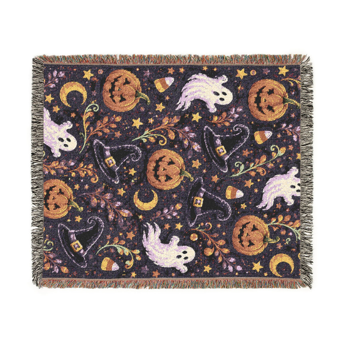 Halloween Ghost Pattern Woven Blanket | Jack-o'-Lanterns, Moon, Candy