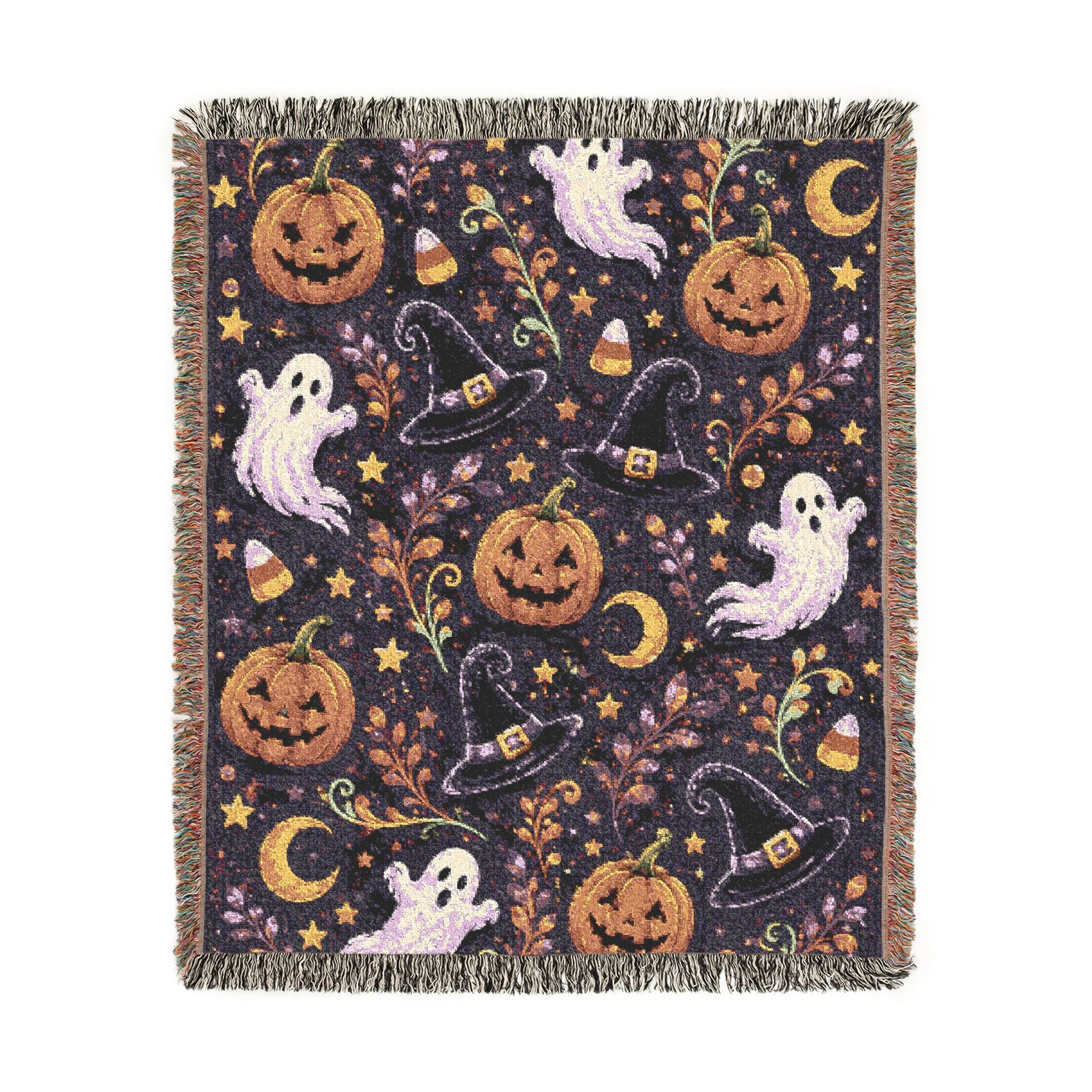 Halloween Ghost Pattern Woven Blanket | Jack-o'-Lanterns, Moon, Candy