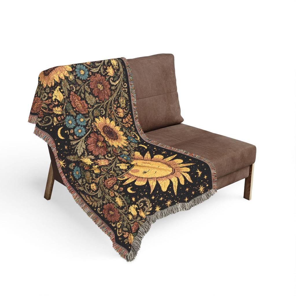 Sunflower Moon Tapestry Woven Blanket | Celestial Floral Throw