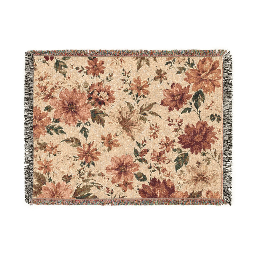 Woven Blanket — Vintage Floral Tapestry Throw (Beige & Teal Reversible)