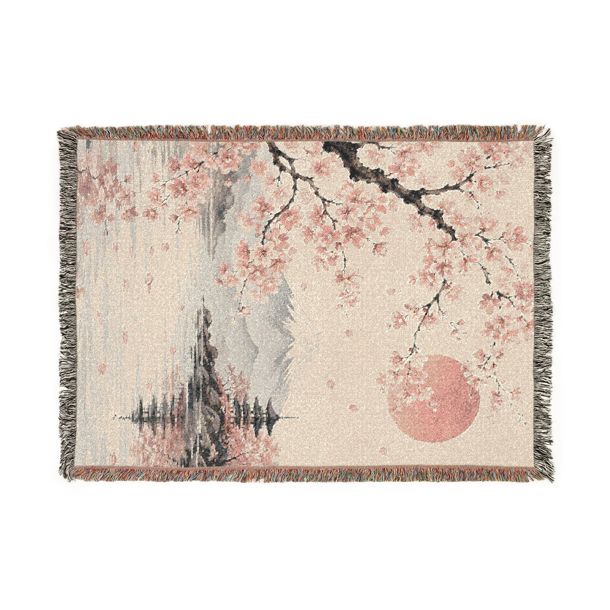 Cherry Blossom Woven Blanket — Japanese Moon Tapestry Throw