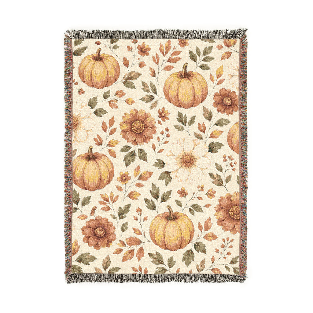 Autumn Pumpkin Floral Woven Blanket | Fall Harvest Throw