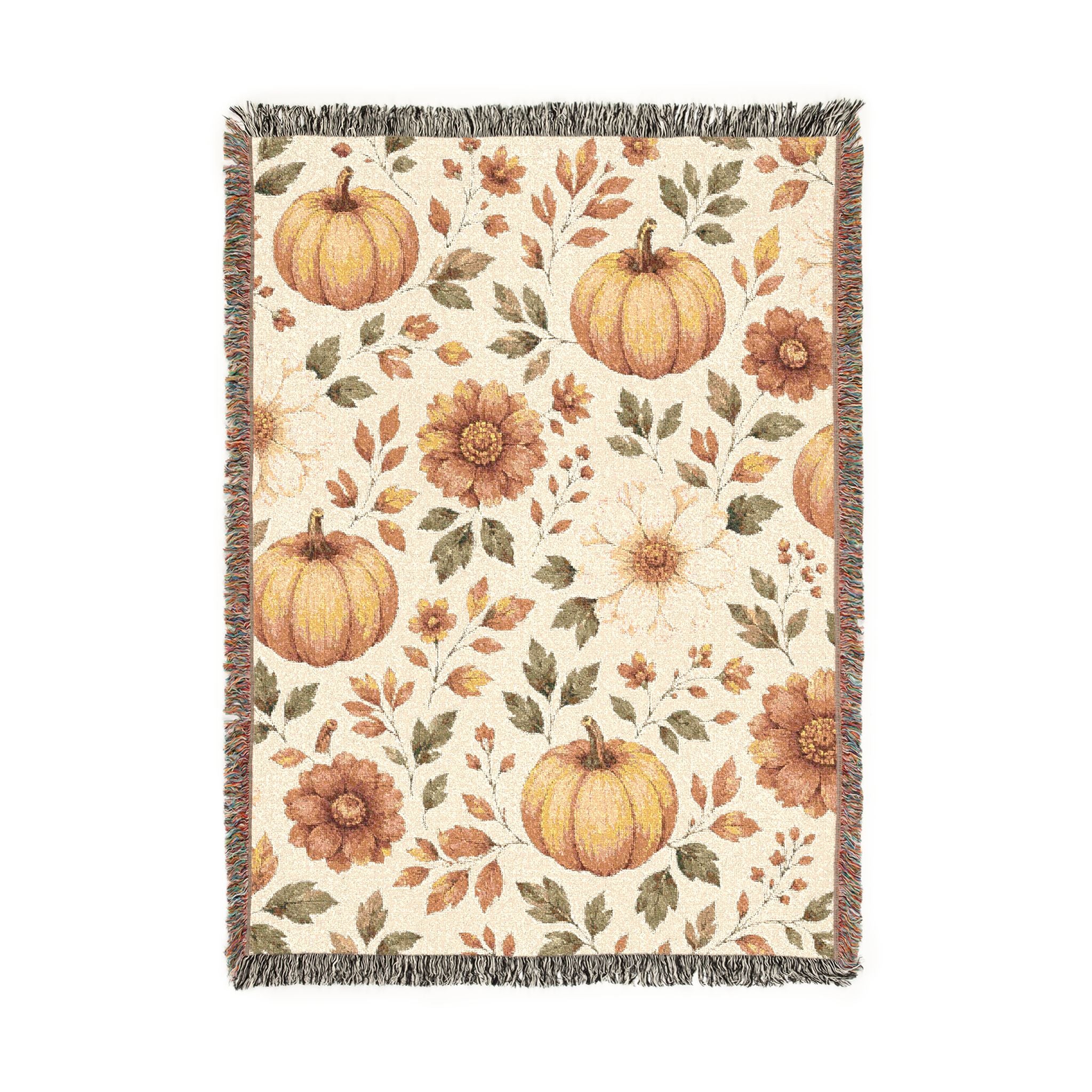 Autumn Pumpkin Floral Woven Blanket | Fall Harvest Throw
