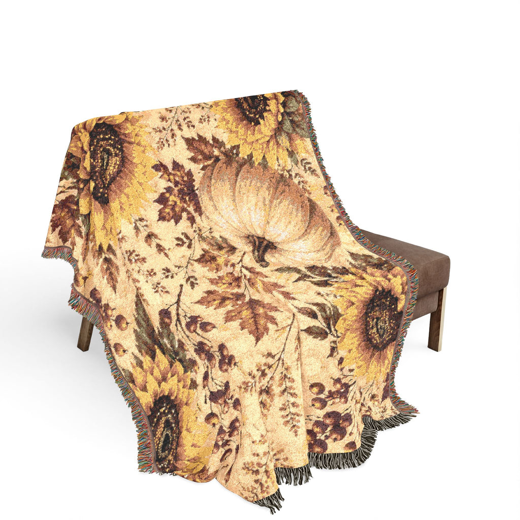 Sunflower Pumpkin Fall Tapestry Woven Blanket | Autumn Floral Throw