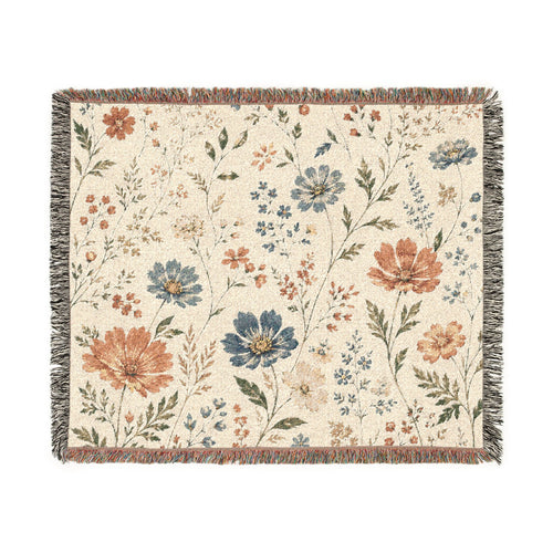 Floral Woven Throw Blanket — Reversible Vintage Botanical Decor