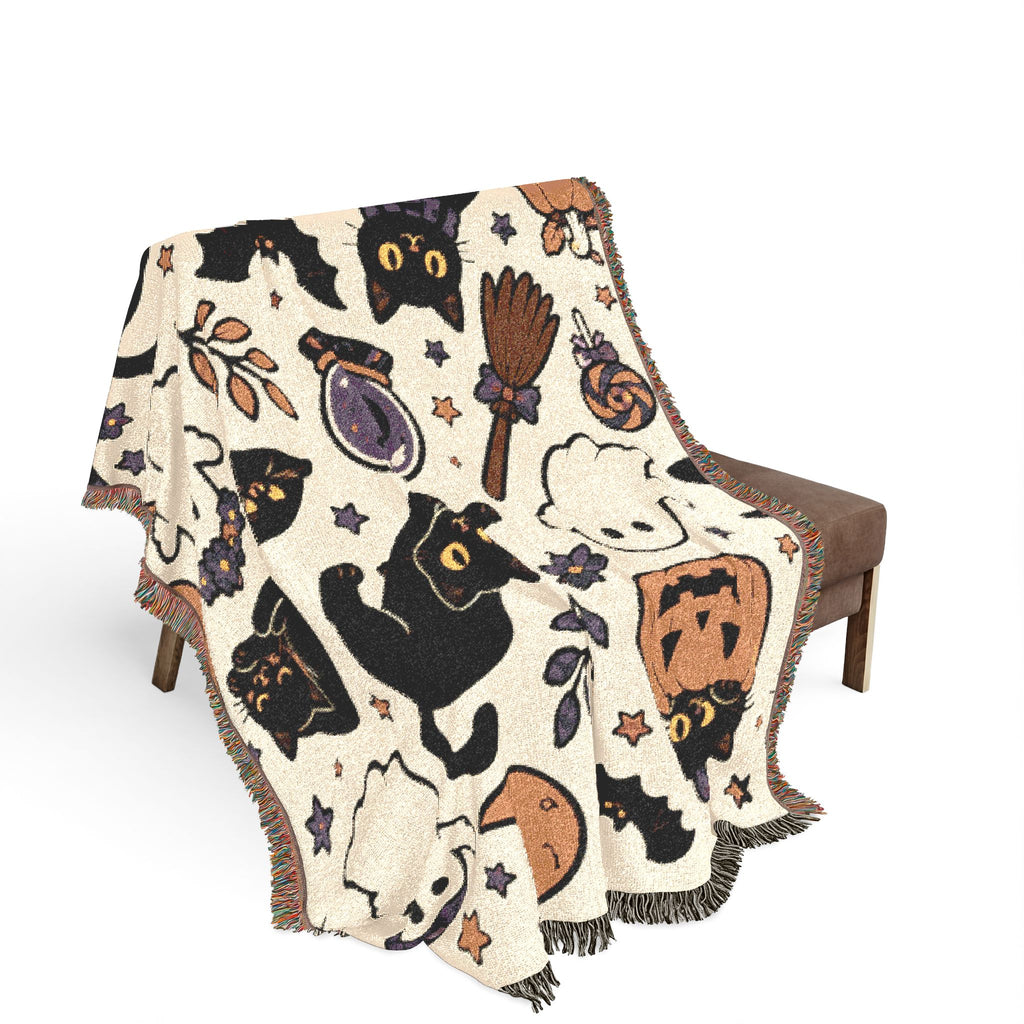 Black Cat Halloween Pattern Woven Blanket | Spooky Pumpkin Ghosts
