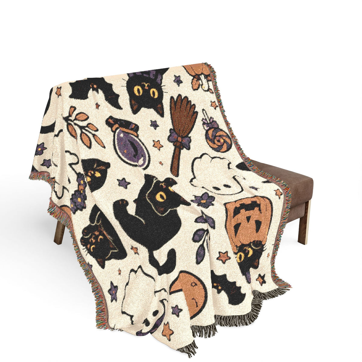 Black Cat Halloween Pattern Woven Blanket | Spooky Pumpkin Ghosts